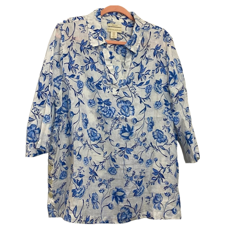 Cynthia Rowley 100% linen women white with blue floral half sleeve cottagecore